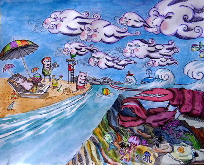 ilustración de Chanchitos en el mar, langosta, aventuras animales, dibujo océano, ilustradora chilena