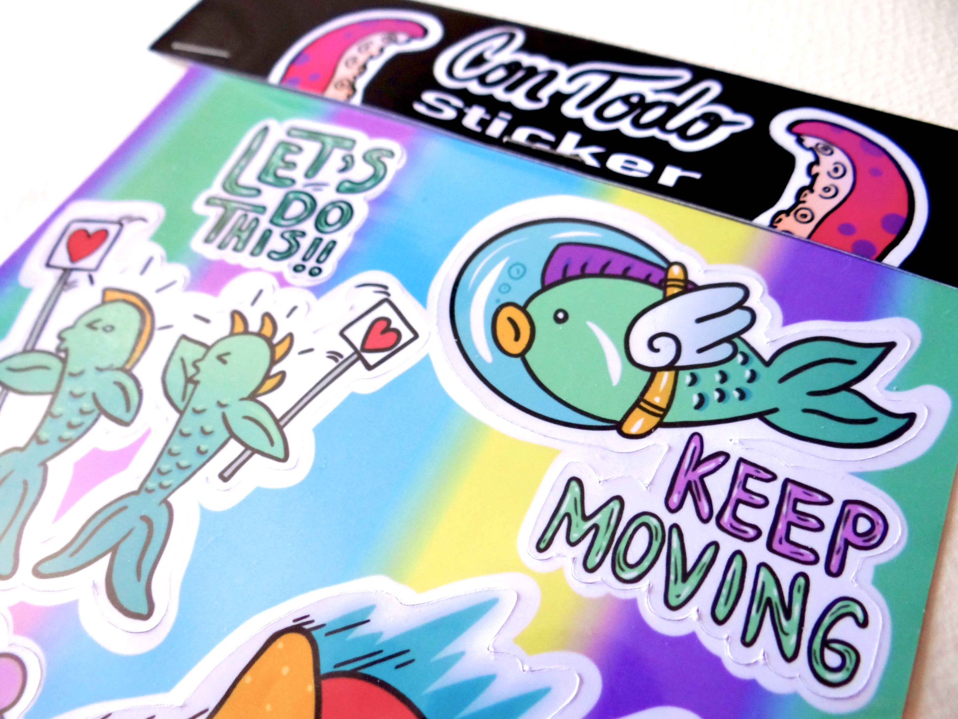 Sticker de ánimo, go on, keep moving, ¡hey hey!, let's do this, fan, pulpo, fish, cartoons, characters, gleycarolina, gley carolina, sticker, adhesivos