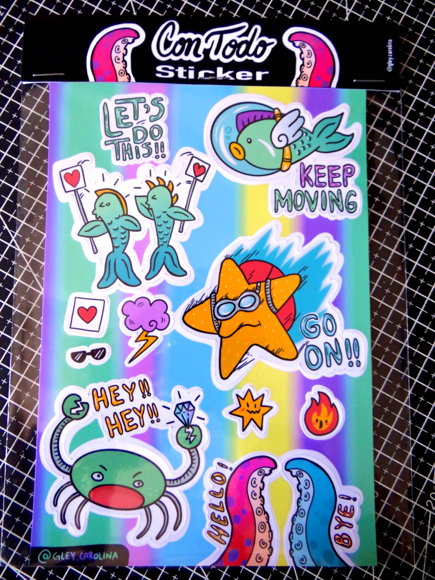 Sticker de ánimo, go on, keep moving, ¡hey hey!, let's do this, fan, me gusta, pulpo, fish, cartoons, characters, gleycarolina, gley carolina, sticker, adhesivos, Like